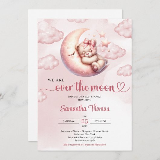 Chic wir sind über dem Mond Mädchen Baby Dusche Einladung (Vorne/Hinten)