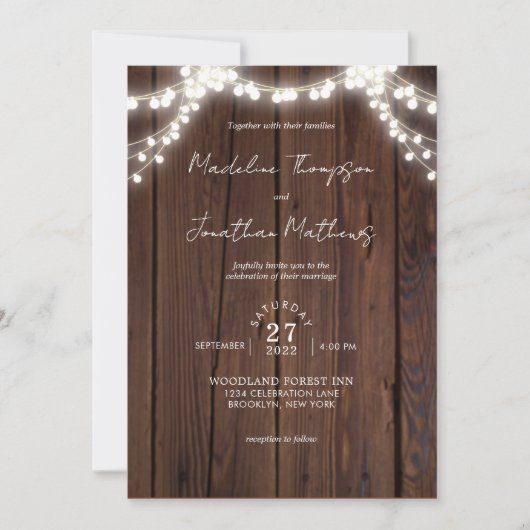 Chic Wood String Lights Foto Wedding QR Code UAwg Einladung (Vorderseite)