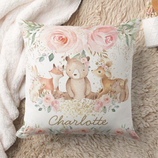 Chic Woodland Animals Blush Floral New Baby Girl Kissen (Decke)