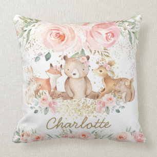 Chic Woodland Animals Blush Floral New Baby Girl Kissen