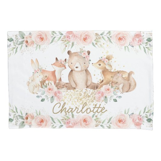 Chic Woodland Animals Blush Floral New Baby Girl Kissenbezug (Vorderseite)
