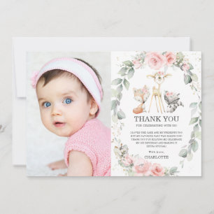Chic Woodland Animals Floral 1. Geburtstag Foto Dankeskarte