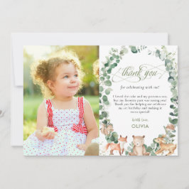 Chic Woodland Animals Greenery 1. Geburtstag Foto  Dankeskarte