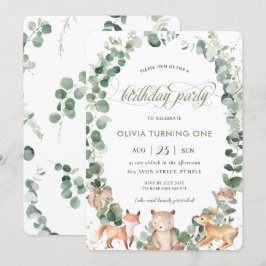 Chic Woodland Animals Greenery 1. Geburtstag Party Einladung