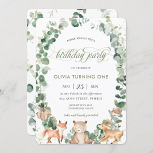 Chic Woodland Animals Greenery 1. Geburtstag Party Einladung