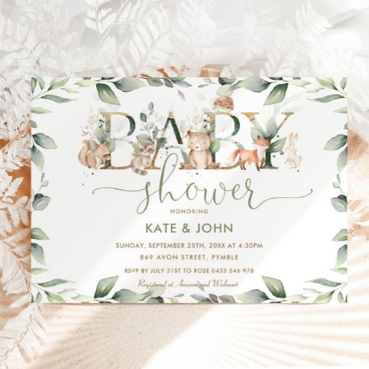 Chic Woodland Animals Greenery Baby Dusche neutral Einladung