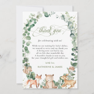 Chic Woodland Animals Greenery Baby Shower Dankeskarte