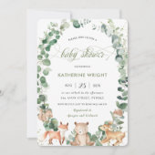 Chic Woodland Animals Grüne Neutrale Baby Dusche Einladung (Vorderseite)