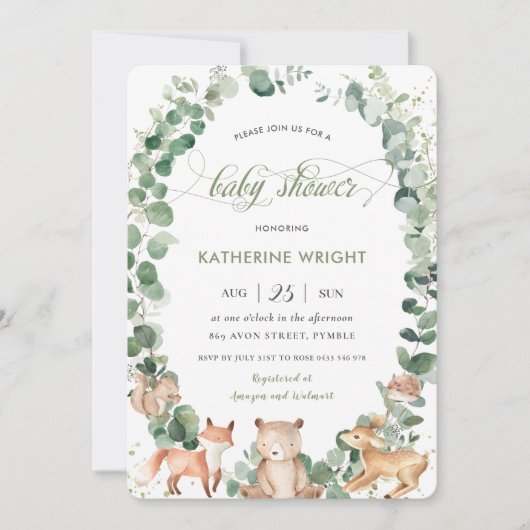 Chic Woodland Animals Grüne Neutrale Baby Dusche Einladung (Vorderseite)