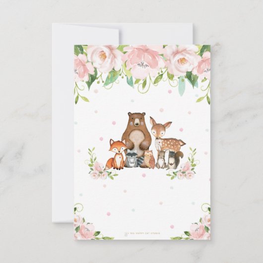 Chic Woodland Animals Pink Floral Baby Dusche Dankeskarte (Rückseite)