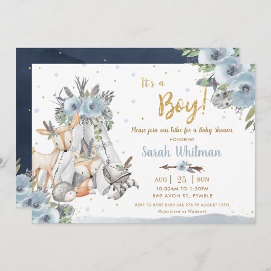 Chic Woodland Animals Tribal Boho Boy Baby Dusche Einladung (Vorne/Hinten)