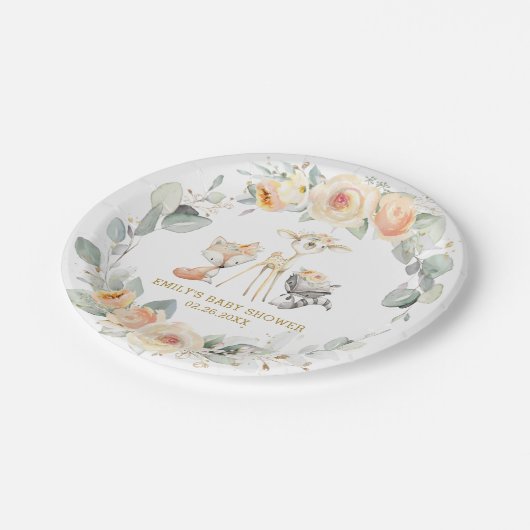 Chic Woodland Animals Yellow Floral Baby Dusche Pappteller (Schrägansicht)