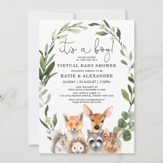 Chic Woodland Greenerity Wreath Virtual Baby Showe Einladung (Vorderseite)