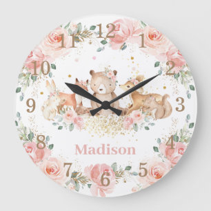 Chic Woodland Tiere Pastell Blush Floral Gold Große Wanduhr