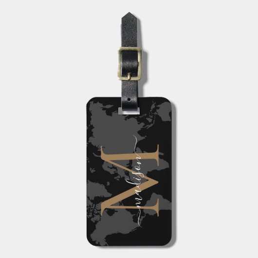 Chic World Traveller Map Black Gold Monogram Scrip Gepäckanhänger (Vorderseite vertikal)