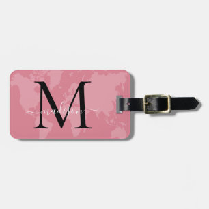 Chic World Traveller Map Pink Monogram Name Script Gepäckanhänger