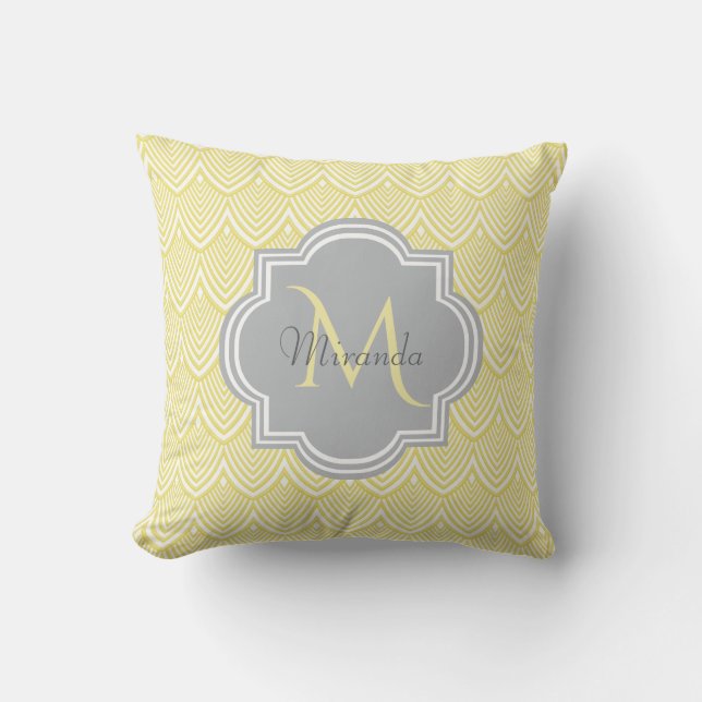 Chic Yellow Art Deco Scallops Grau Monogramm Name Kissen (Vorderseite)