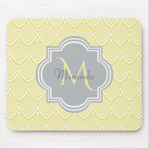 Chic Yellow Art Deco Scallops Grau Monogramm Name Mousepad