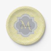 Chic Yellow Art Deco Scallops Grau Monogramm Name Pappteller (Vorderseite)