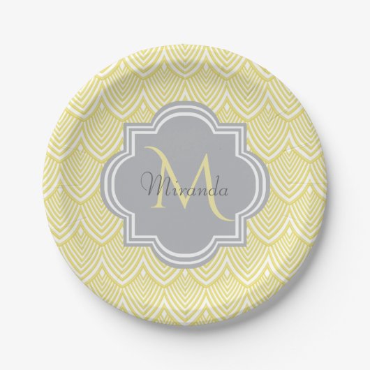 Chic Yellow Art Deco Scallops Grau Monogramm Name Pappteller (Vorderseite)