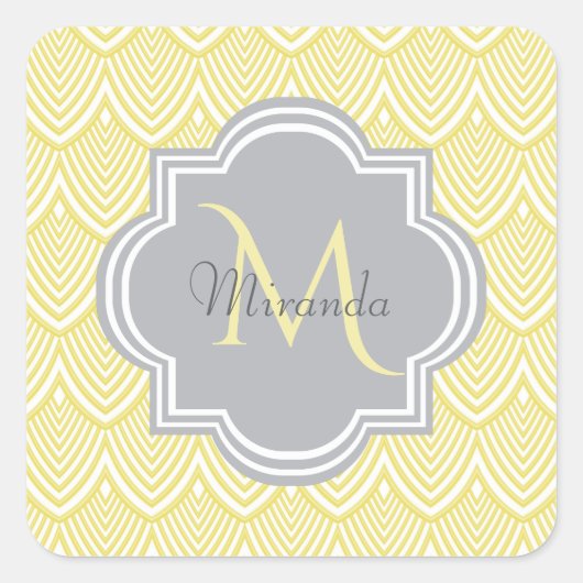 Chic Yellow Art Deco Scallops Grau Monogramm Name Quadratischer Aufkleber (Vorderseite)