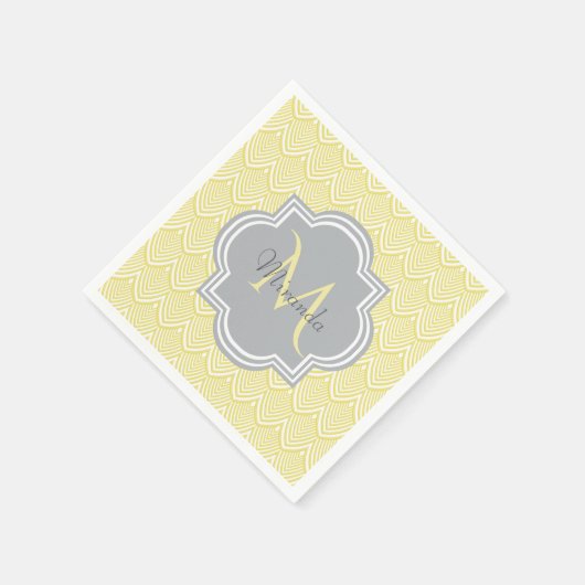 Chic Yellow Art Deco Scallops Grau Monogramm Name Serviette (Ecke)