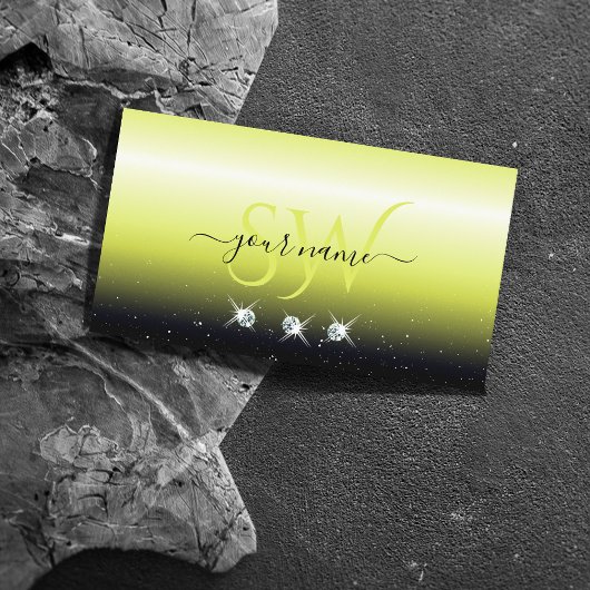 Chic Yellow Black Gradient Sparkle Jewels Initials Visitenkarte