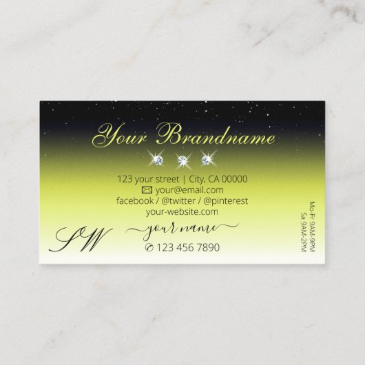 Chic Yellow Black Ombre Sparkle Diamonds Initialen Visitenkarte (Rückseite)