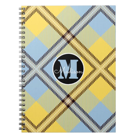 Chic Yellow Blue Kariert Tartan Monogram Script Na Notizblock (Vorderseite)