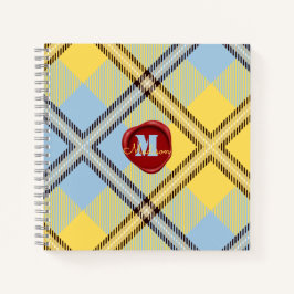 Chic Yellow Blue Tartan Briefmarke Monogram Script Notizblock