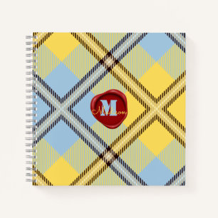 Chic Yellow Blue Tartan Briefmarke Monogram Script Notizblock