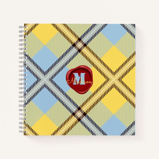 Chic Yellow Blue Tartan Briefmarke Monogram Script Notizblock (Vorderseite)