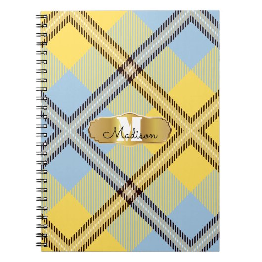 Chic Yellow Blue Tartan Gold Monogram Script Name Notizblock (Vorderseite)