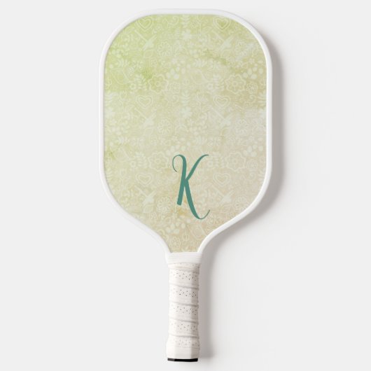 Chic Yellow Floral Pattern Monogramm Pickleball Schläger (Rückseite)