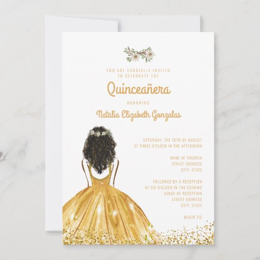 Chic Yellow Gold Princess Dress 15. Quinceañera Einladung (Vorderseite)