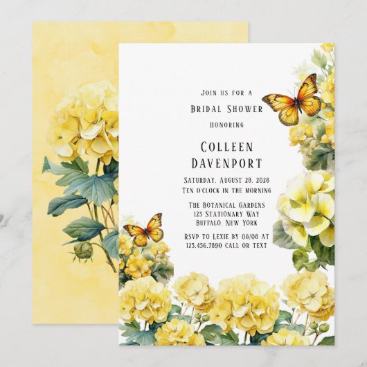 Chic Yellow Hydrangea Butterfly Brautparty Einladung (Vorne/Hinten)
