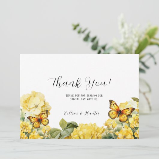 Chic Yellow Hydrangea Butterfly Danke Karten (Stehend Vorderseite)