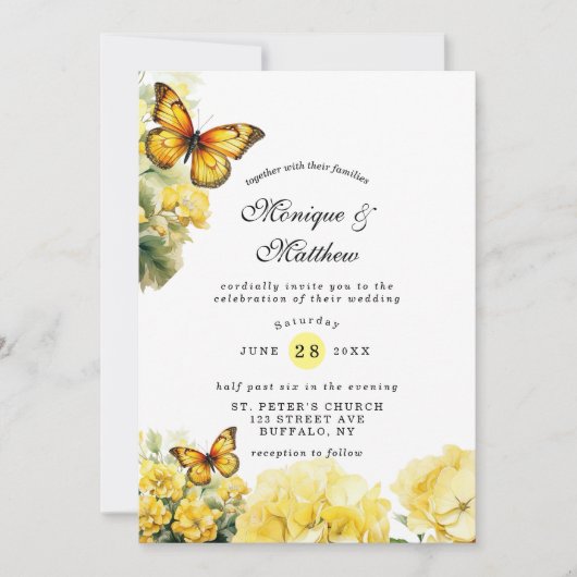 Chic Yellow Hydrangea Butterfly Wedding Einladung (Vorderseite)