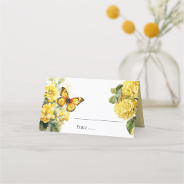 Chic Yellow Hydrangea Butterfly Wedding Platzkarte