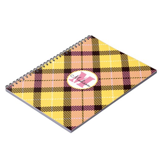 Chic Yellow Pink Kariert Tartan Monogram Script Na Notizblock (Linke Seite)