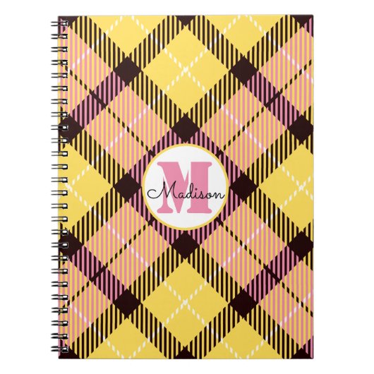 Chic Yellow Pink Kariert Tartan Monogram Script Na Notizblock (Vorderseite)