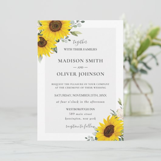 Chic Yellow Sunflower Blues Hochzeit Einladung (Stehend Vorderseite)