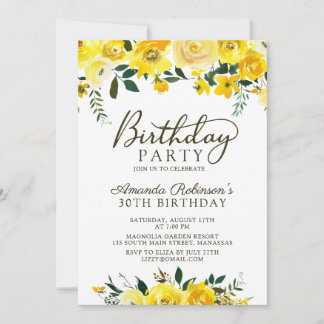 Chic Yellow Watercolor Rose Floral 30. Geburtstag Einladung