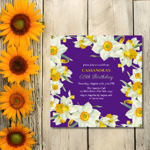 Chic Yellow White Daffodil Floral Lila Geburtstag Einladung