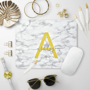 Chic Yellow White Marble Script Name Monogram Mousepad