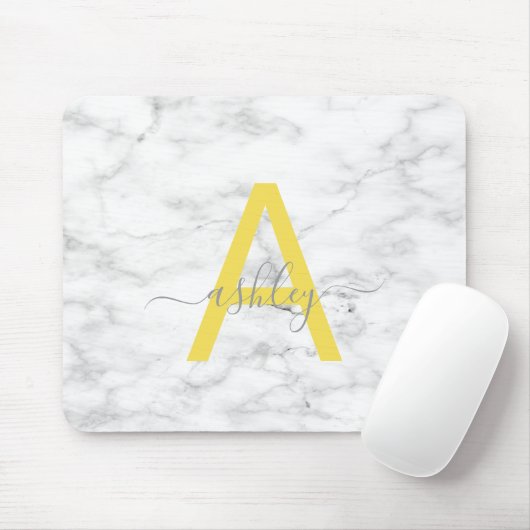 Chic Yellow White Marble Script Name Monogram Mousepad (Mit Mouse)