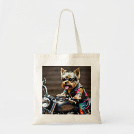 Chic Yorkie auf einer Motorrad-Tote-Tasche Tragetasche