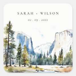 Chic Yosemite National Park CA Wasserfarbenhochzei Quadratischer Aufkleber