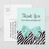 Chic Zebra Fresh Mint Bow Baby Dusche Vielen Dank Ankündigungspostkarte (Vorne/Hinten)