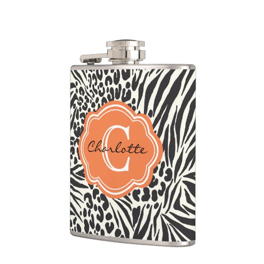 Chic Zebra Leopard & Orange Custom Monogram Flask Flachmann (Links)